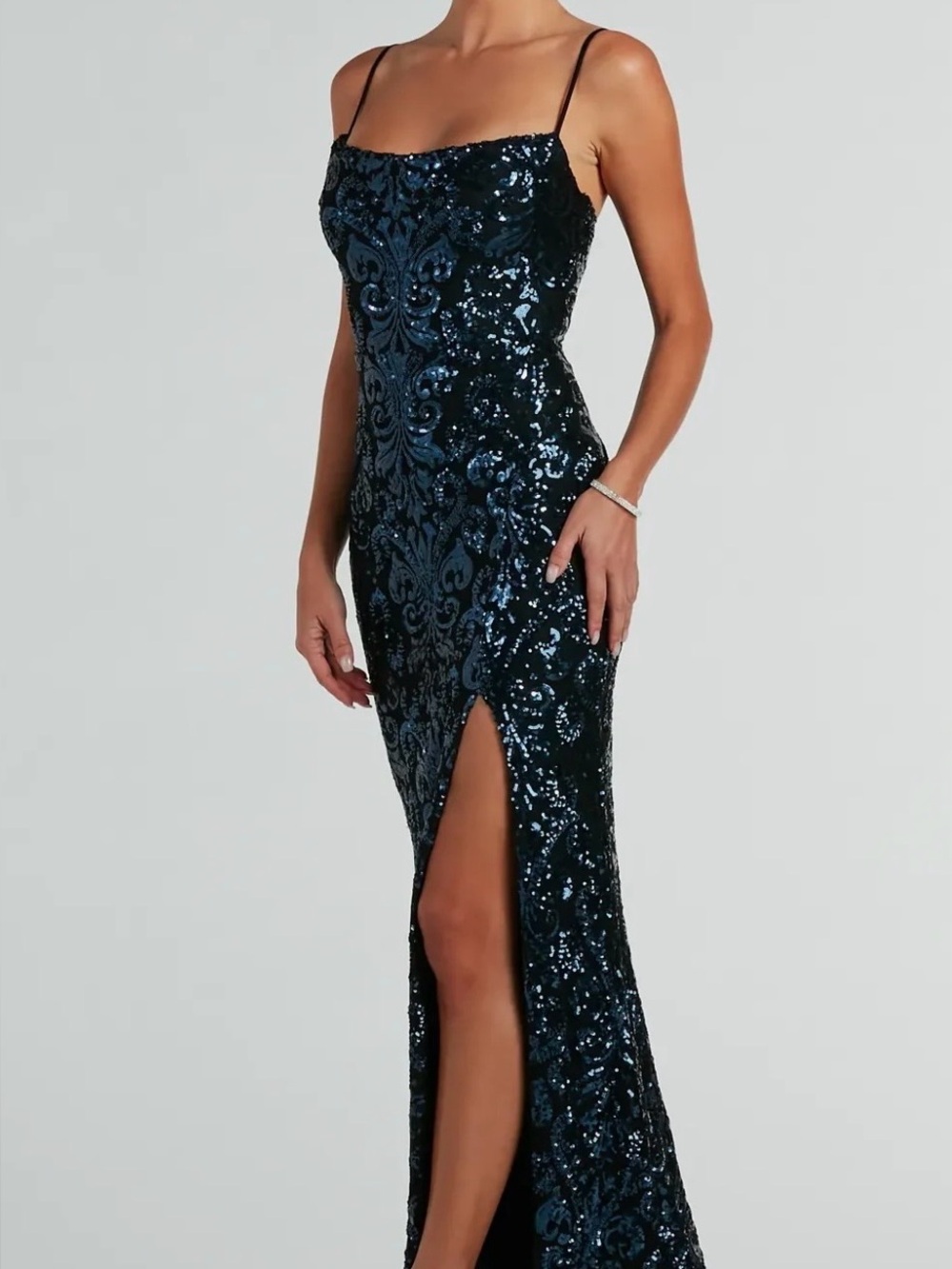 Beautiful & Elegant Navy Sequin Slip Gown with Thigh Slit